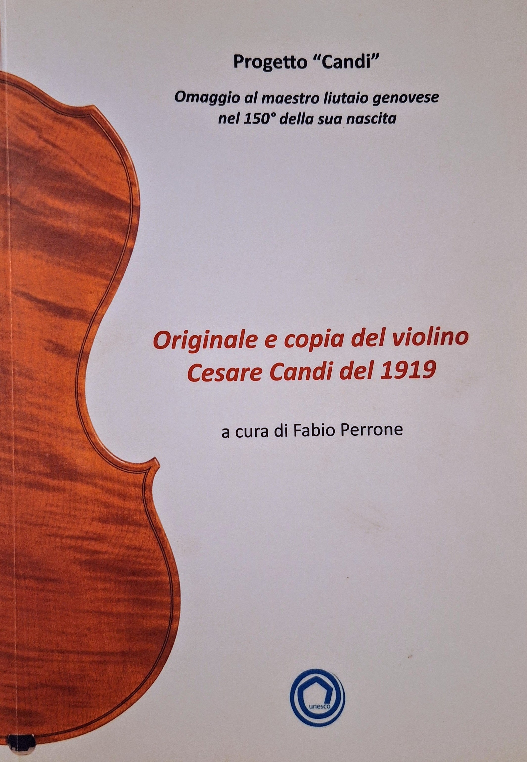 Book cover with a violin illustration and text about a copy of Cesare Candi's violin from 1919.