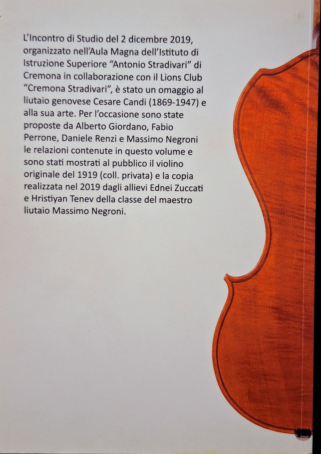 Close-up of a violin with text on a white background