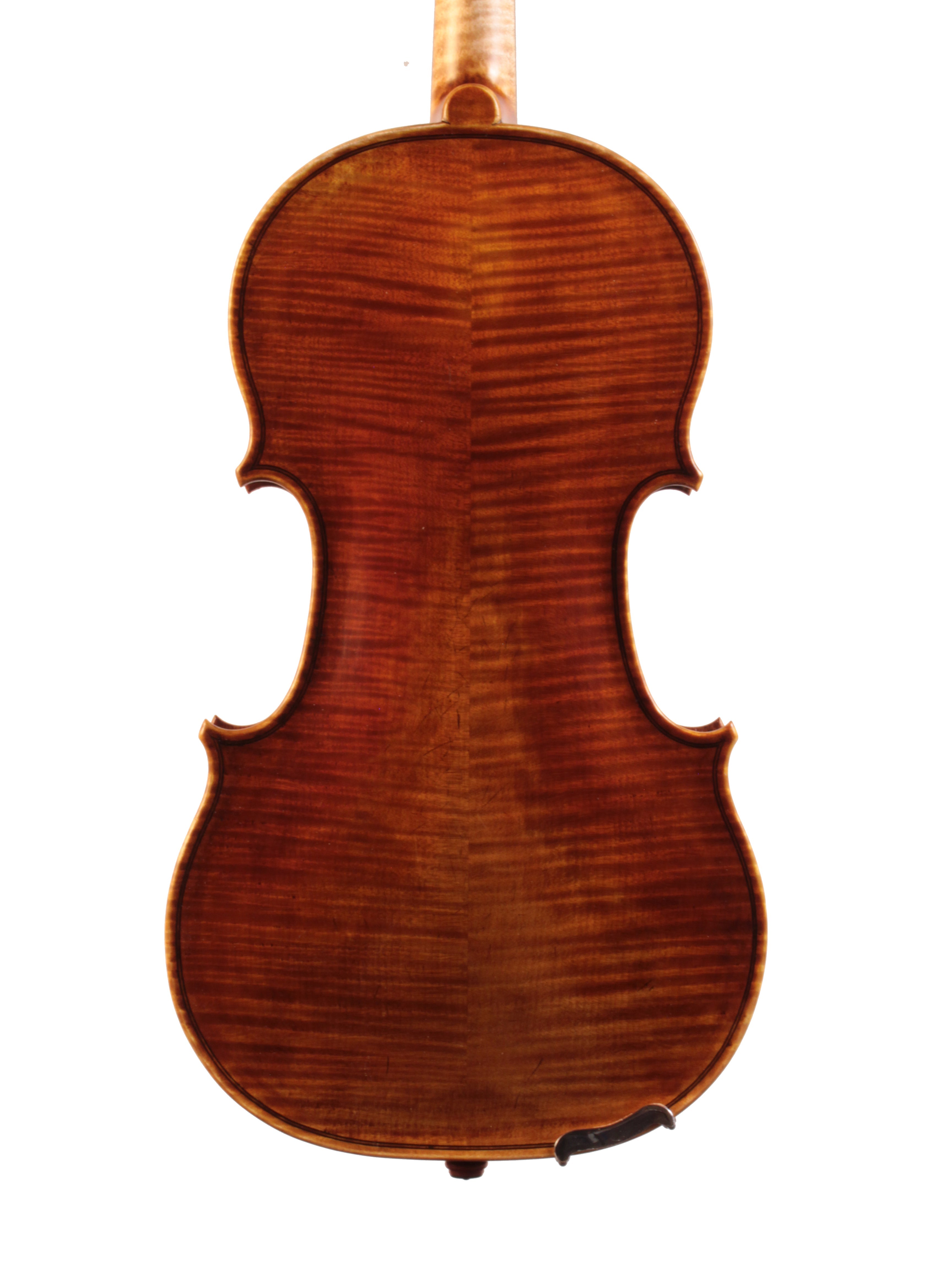 Back view of a violin on a white background