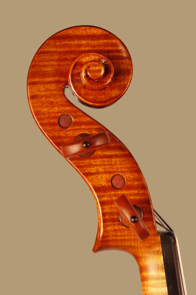 Close-up of a violin's wooden scroll on a white background